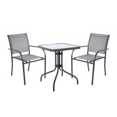 LANGLEY Set Κήπου: Τραπέζι + 2 Πολυθρόνες Στοιβαζόμενες Μέταλλο Ανθρακί,Textilene Γκρι Table:60x60x70 Chair:55x68x90