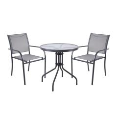 LANGLEY Set Κήπου: Τραπέζι + 2 Πολυθρόνες Στοιβαζόμενες Μέταλλο Ανθρακί,Textilene Γκρι Table:Φ60x70cm Chair:55x68x90