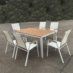 VIRNA Set Τραπεζαρία: Τραπέζι + 6 Πολυθρόνες, Μέταλλο Βαφή Άσπρο, Polywood Φυσικό Table:150x90x73 Chair:61x56x90