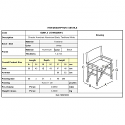 Σκηνοθέτη Πολυθρόνα, Αλουμίνιο Μαύρο (1,2mm), Textilene Άσπρο (2,75kg) 54x43x88cm