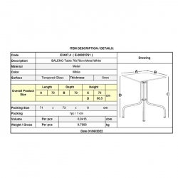 BALENO Τραπέζι Κήπου - Βεράντας, Μέταλλο Βαφή Άσπρο, Γυαλί Tempered 70Χ70Χ70