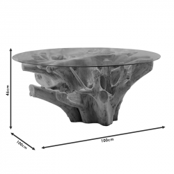 Τραπέζι σαλονιού Balance pakoworld γυαλί 6mm tempered-χειροποίητo teak ξύλο φυσικό 100x100x46εκ