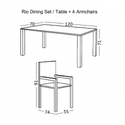 RIO Set Τραπεζαρία Κήπου Μέταλλο Βαφή Μπεζ, Textilene Μπεζ: Τραπέζι + 4 Πολυθρόνες  Table:120x70x71 Armch:55x74x91