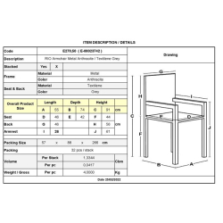 RIO Πολυθρόνα Κήπου-Βεράντας, Μέταλλο Βαφή Ανθρακί, Textilene Γκρι, Στοιβαζόμενη 55x74x91cm