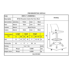 BF404 Σκαμπό Reception-Ταμείου με Πλάτη, Ύφασμα Μαύρο, Ρύθμιση Ύψους, Περιστρεφόμενο 60Χ60Χ117