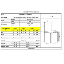 BELLA Καρέκλα Τραπεζαρίας, Μέταλλο Χρώμιο Χρυσό, Ύφασμα Velure Απόχρωση Dirty Pink 50x56x80cm